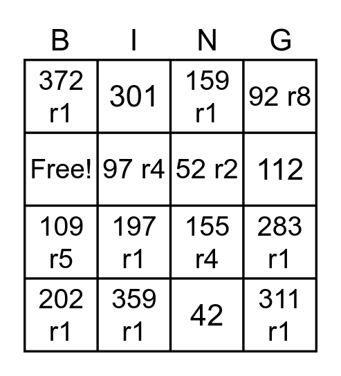 Long Division w/ 3-Digit Dividends Bingo Card