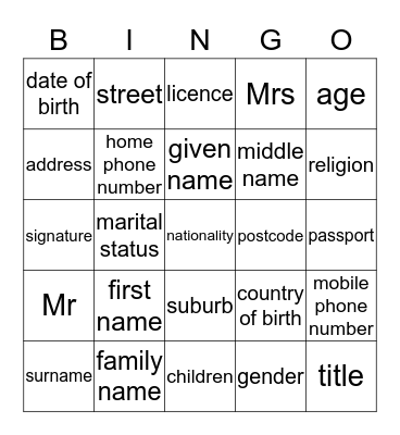 Personal Details Bingo Card