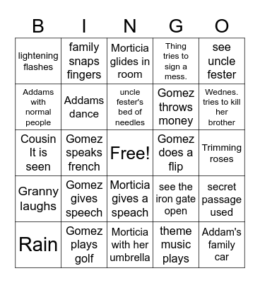 Addams Family Bingo Card