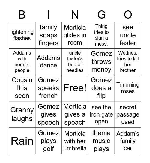 Addams Family Bingo Card
