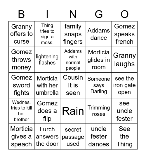 Addams Family Bingo Card