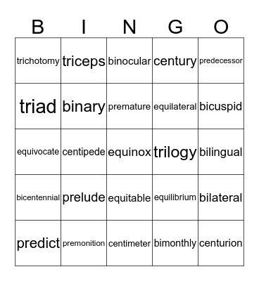 Word Parts BINGO Card