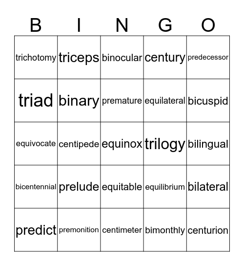 Word Parts BINGO Card