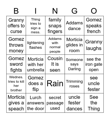 Addams Family Bingo Card