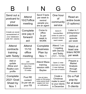 Intero Bingo Game October 15th - November 30th Bingo Card