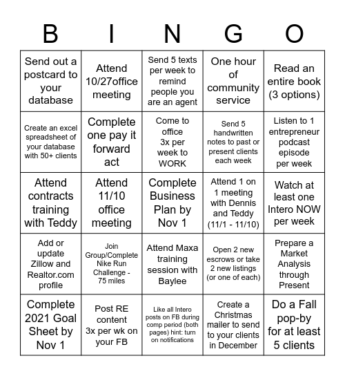 Intero Bingo Game October 15th - November 30th Bingo Card