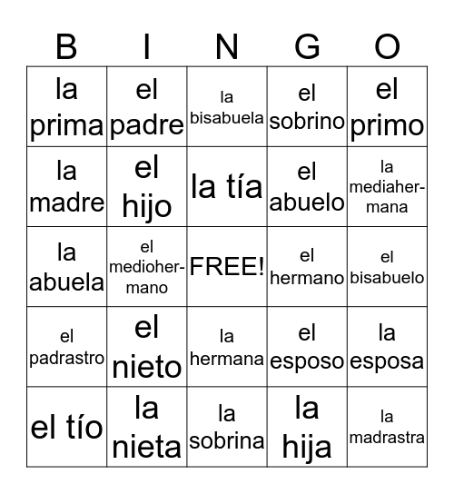 Familia Bingo Card