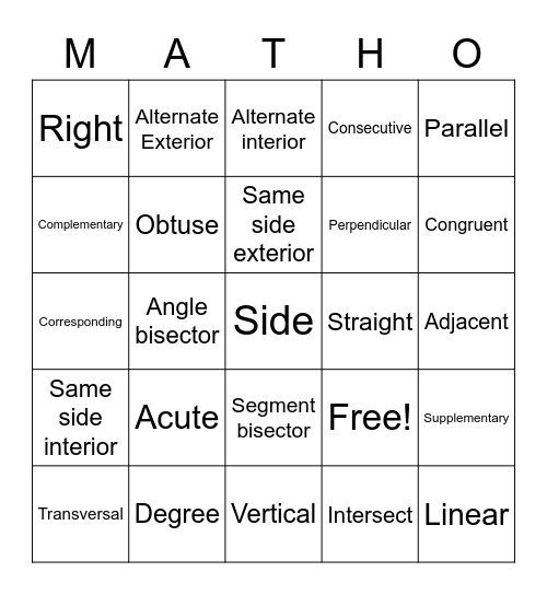 Angle Relationships Bingo Card