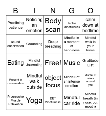 DBT Mindfulness Bingo Card