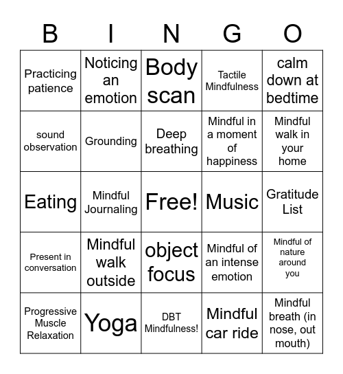 DBT Mindfulness Bingo Card