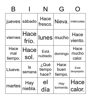 El Tiempo y Los Días Bingo Card