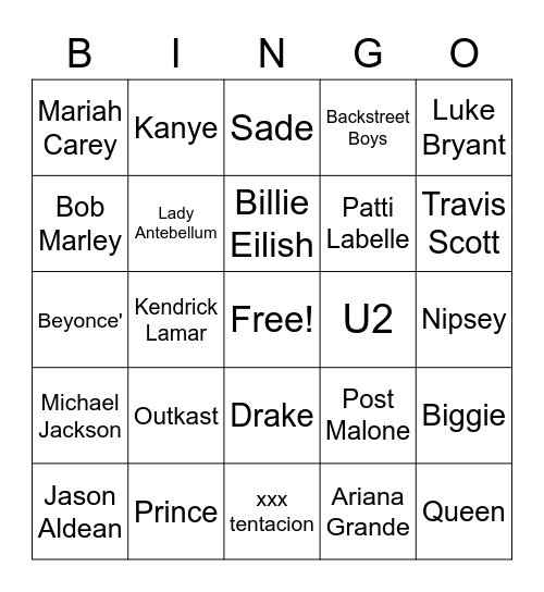 Musical Bingo Card