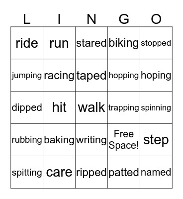 Inflectional Endings -ed and -ing and -e Drop Bingo Card