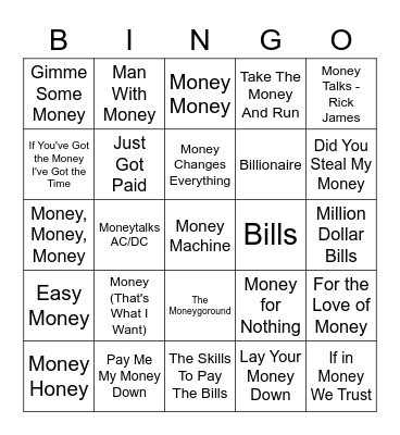 Songs With Or About Money Bingo Card