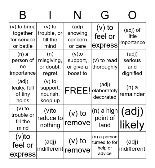 Vocabulary Bingo Card