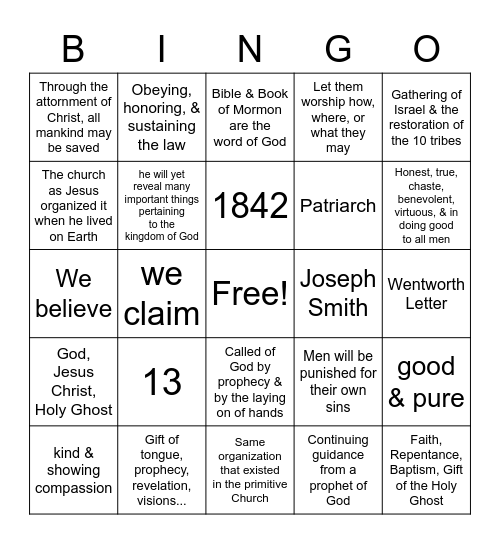 Article of Faith BIngo Card