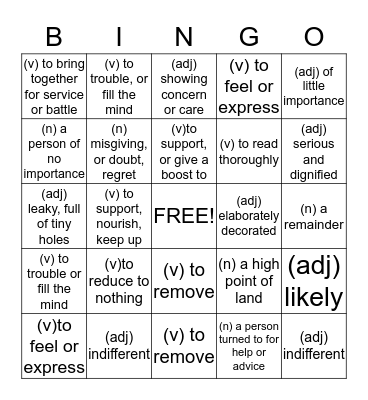 Vocabulary Bingo Card