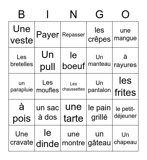 La mode et la nourriture Bingo Card