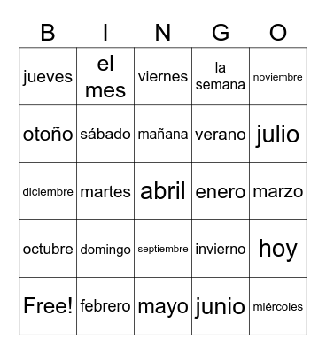 los días de la semana, los meses y las estaciones Bingo Card