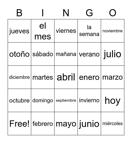 los días de la semana, los meses y las estaciones Bingo Card