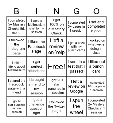 Mathnasium January Bingo Card