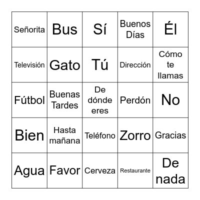 Spanish Words Bingo Card