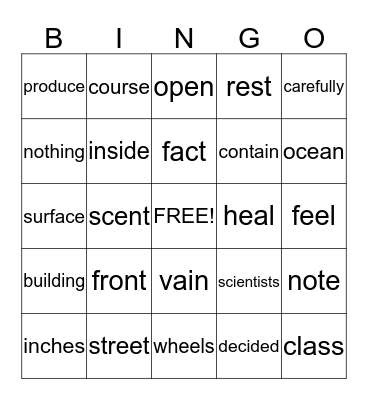 Fry Words Bingo Card