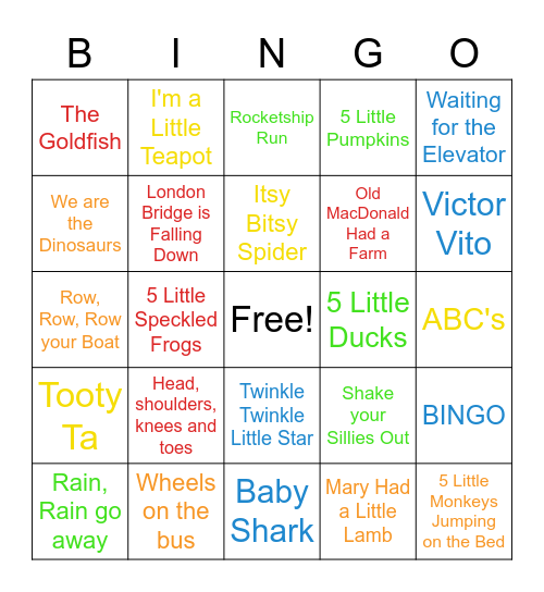 Childrens Song Bingo Card