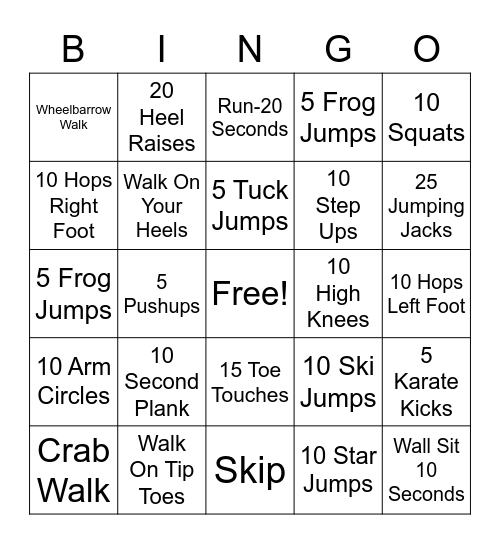 Gross Motor Bingo Card