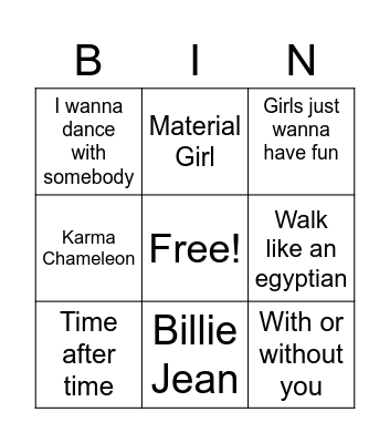 80s Music Bingo Card