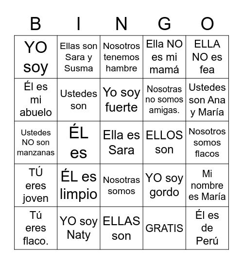 Verbo "Ser" y Pronombres Bingo Card