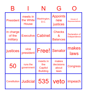 3 Branches of Government Bingo Card