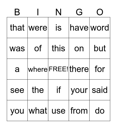 Sight Words Bingo Card