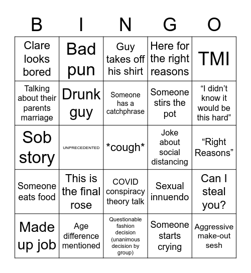 Bachelor in Quarantine Bingo Card