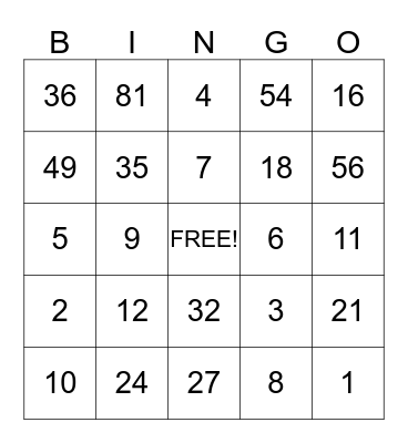 Multiplication/Division Bingo Card