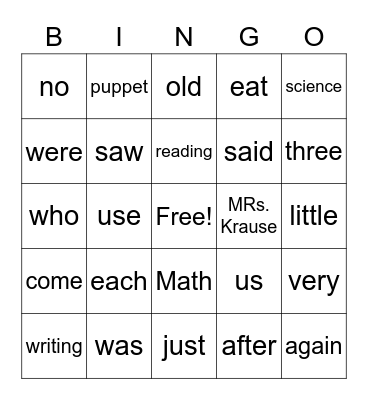 High Frequency words Bingo Card