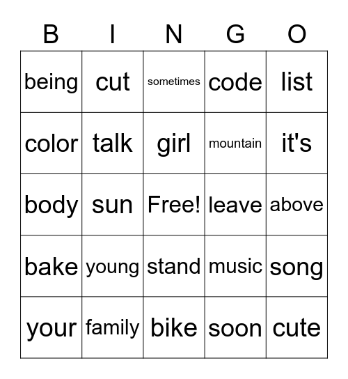 Sight Words and VCE Weeks 1-4 Bingo Card