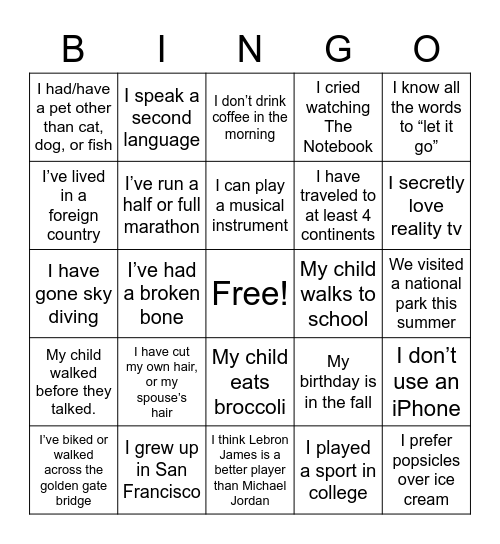 YMWF Parent Get Together BINGO Card