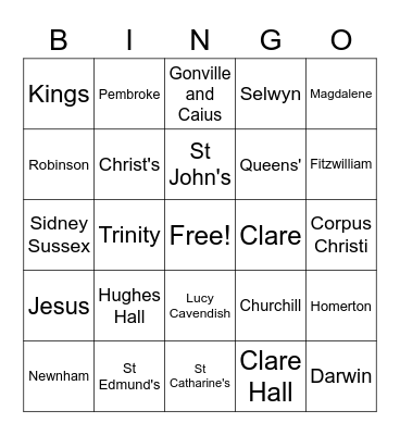Cambridge College Bingo Card
