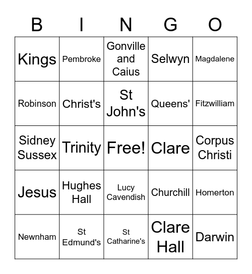 Cambridge College Bingo Card
