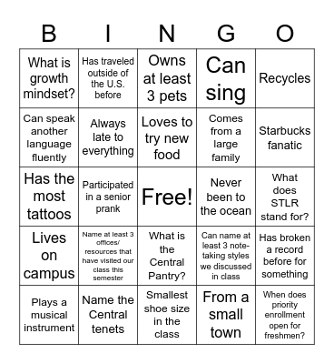 UNIV #1 Bingo Card