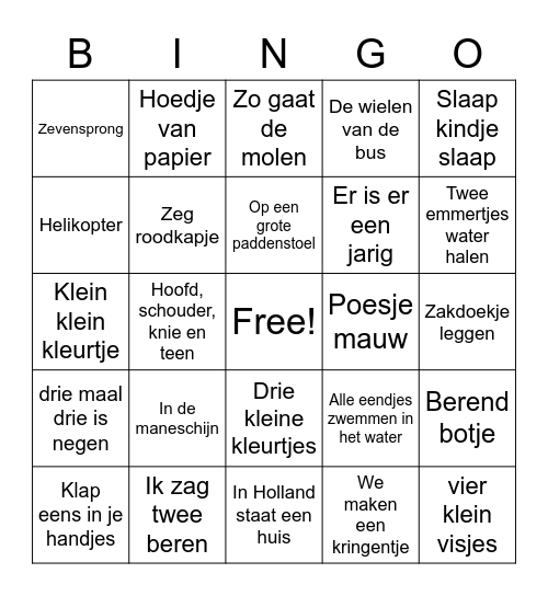 Kinderliedjes bingo Card