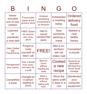 COVID-19 Work from Home Bingo Card