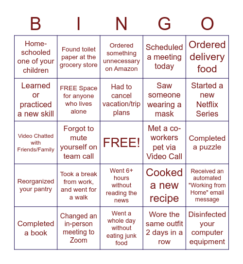 COVID-19 Work from Home Bingo Card