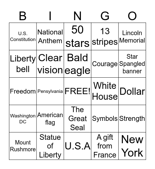 US Symbols Bingo Card