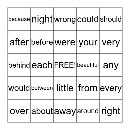 Sight Words Level 3 Bingo Card