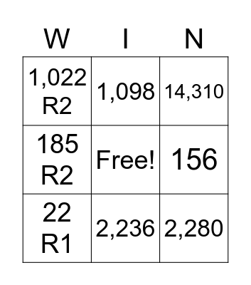 Multiplication/Division Bingo Card