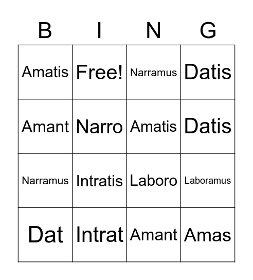 Present Tense Latin Verbs Bingo Card
