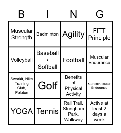 PE ROCKS Bingo Card