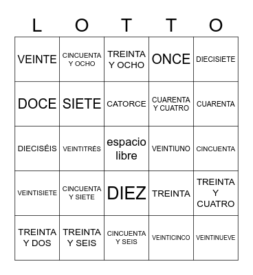 los numeros Bingo Card